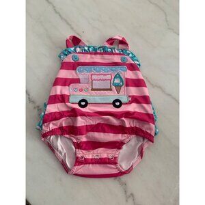 Baby Girls Pink Striped Ruffle Swimsuit With Ice Cream Truck Applique & Snap Clo